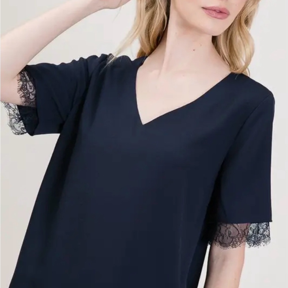 Elegant Navy Lace Trim Blouse